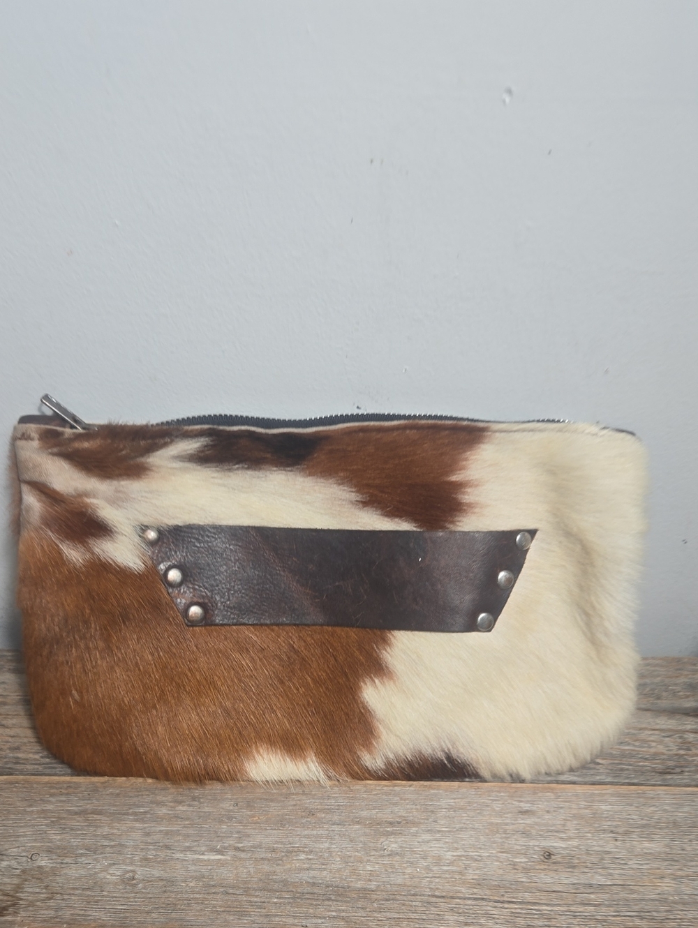 Raleigh Leather Brown & Cream Cowhide Leather Zip Pouch